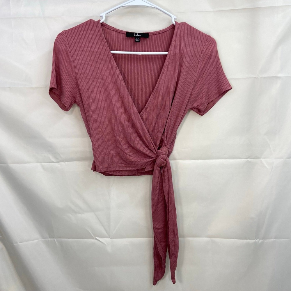 Lulus women's mauve pink try me out ribbed tie wrap stretch v-neck top XS